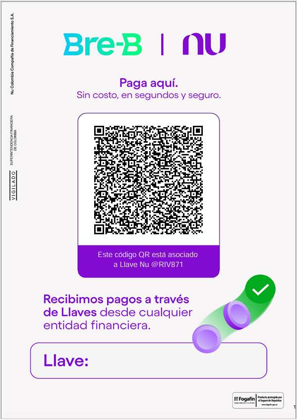 QR de pago Bre-B NU asociado a la llave @RIV871